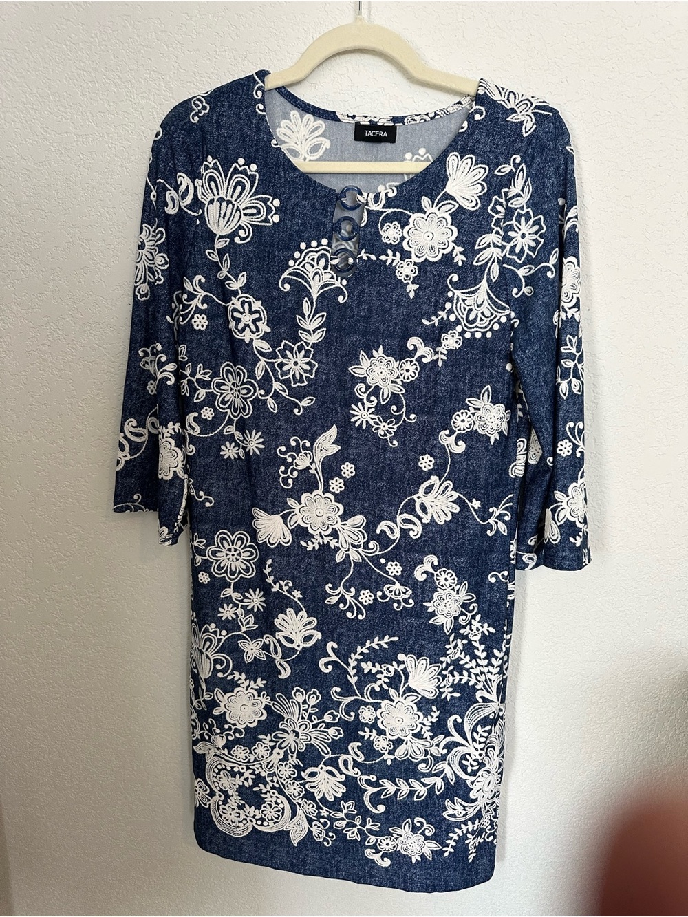 Tacera Navy and Ivory Floral Long Sleeve Shift Dress